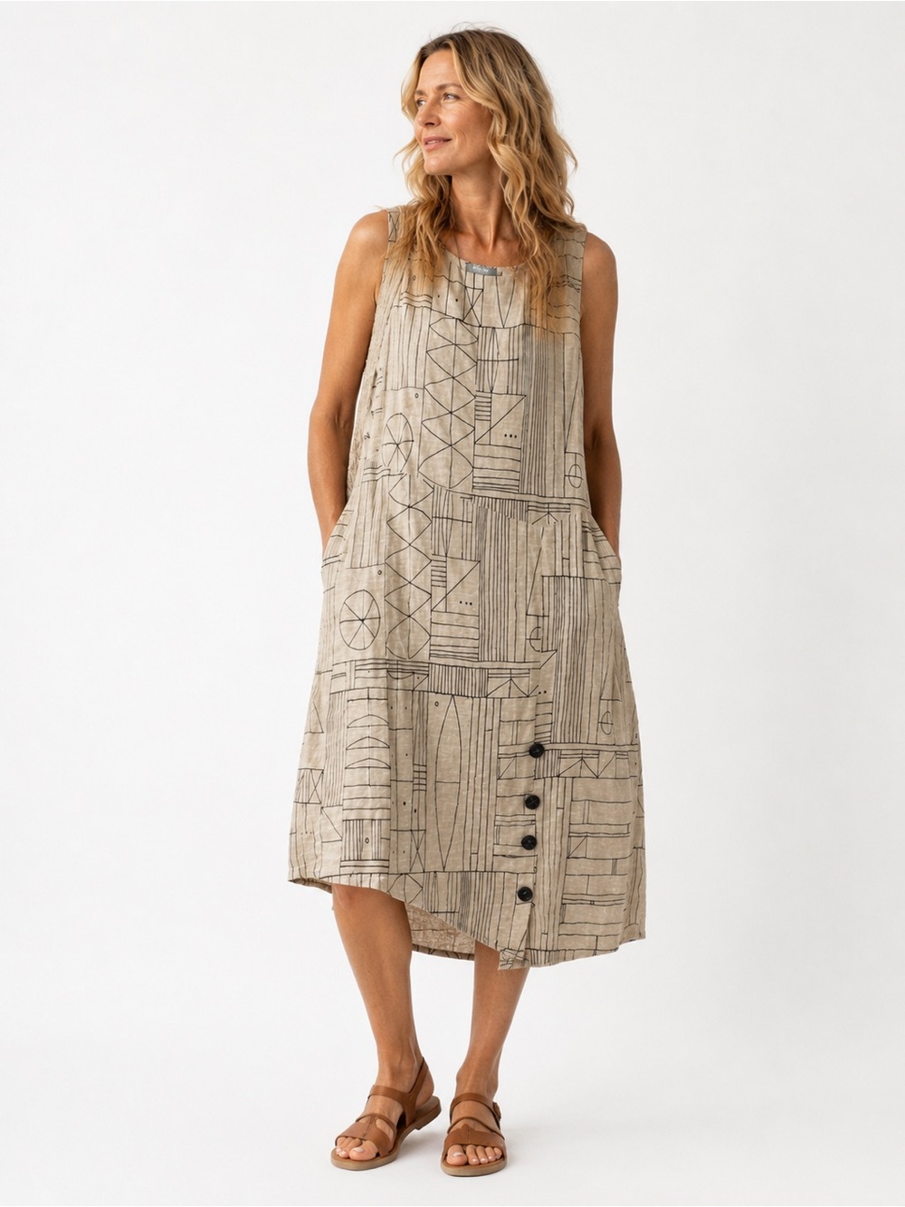 Habitat Linen Cotton blend Midi Sleeveless Dress size large Geo Print Lagenlook